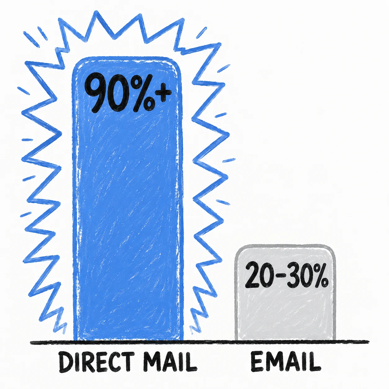 Bar chart: direct mail gets opened 90%+ of the time, versus 20–30% for email